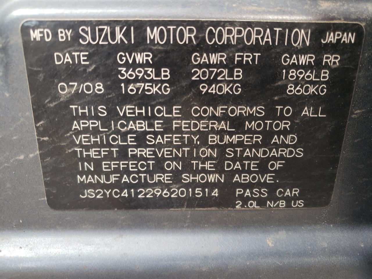 Photo 10 from auction – 2009 SUZUKI SX4 with VIN JS2YC412296201514