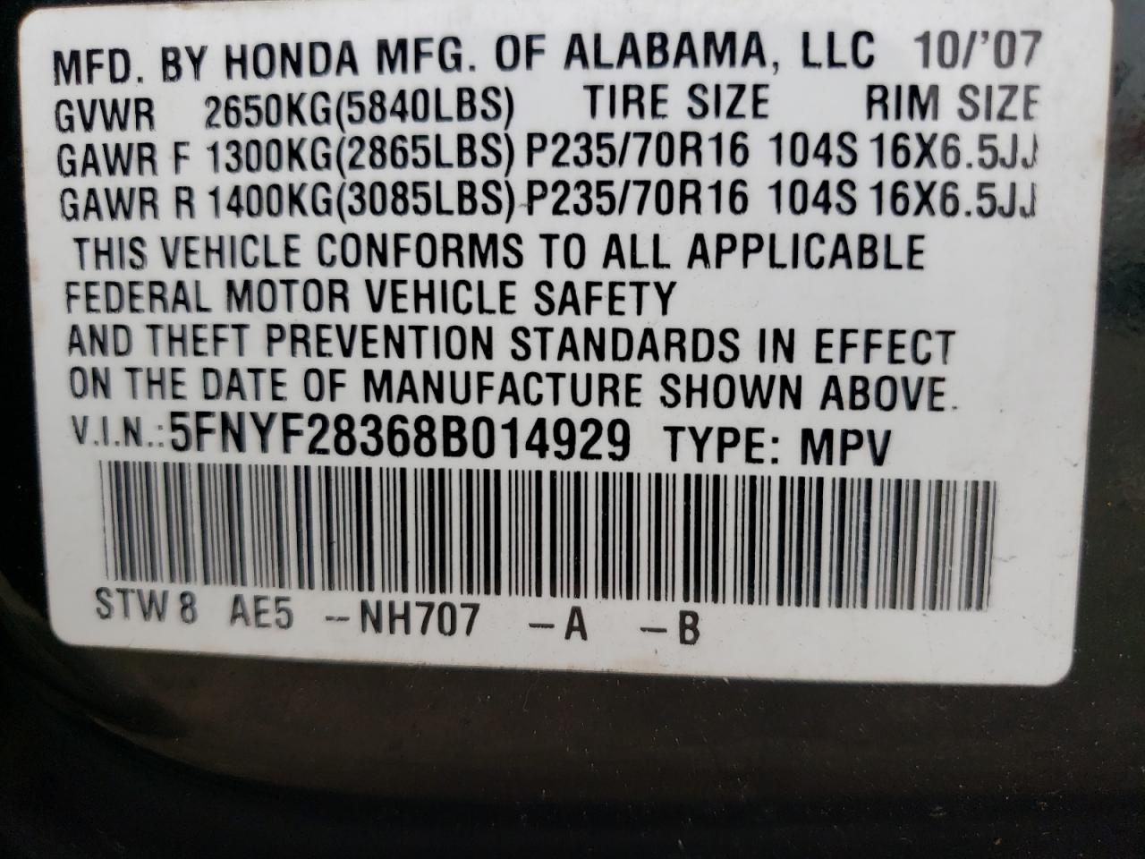 Photo 10 from auction – 2008 HONDA PILOT SE with VIN 5FNYF28368B014929