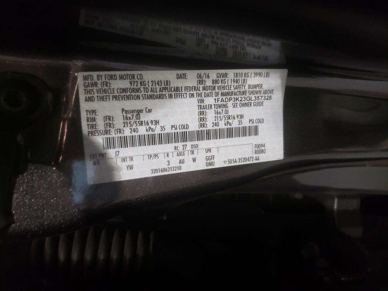 Photo 10 from auction – 2016 FORD FOCUS SE with VIN 1FADP3K23GL357328