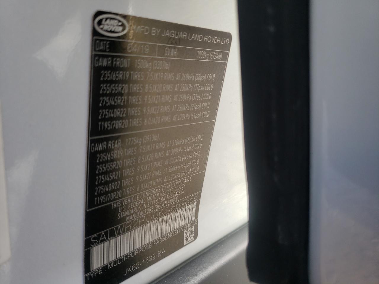 Photo 10 from auction – 2019 LAND ROVER RANGE ROVE with VIN SALWR2RU0KA864666