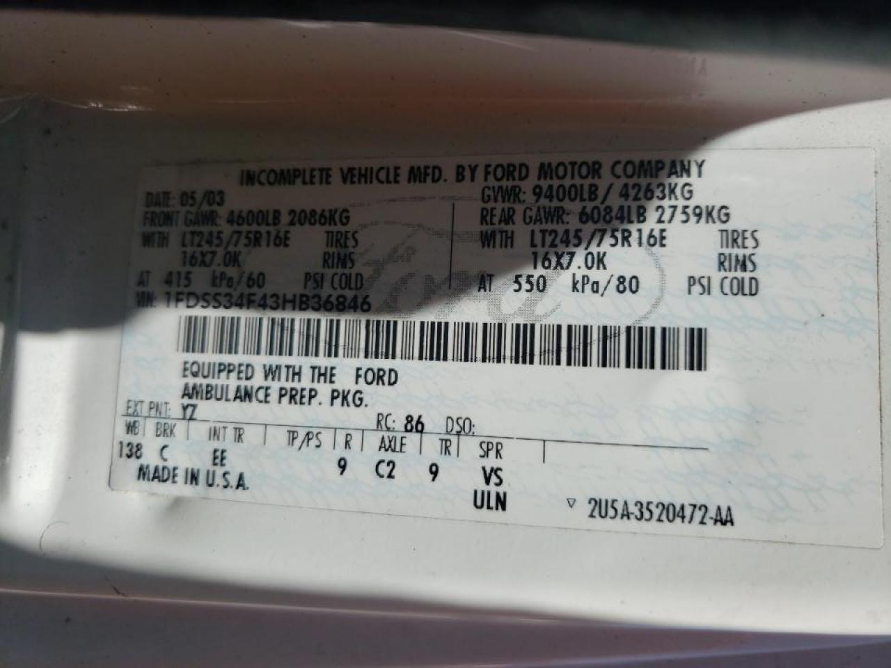 Photo 10 from auction – 2003 FORD E350 with VIN 1FDSS34F43HB36846