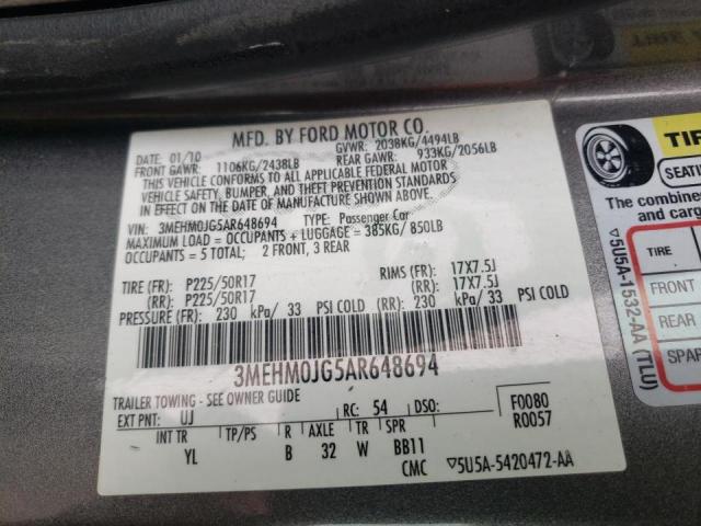 Photo 10 from auction – 2010 MERCURY MILAN PREM with VIN 3MEHM0JG5AR648694