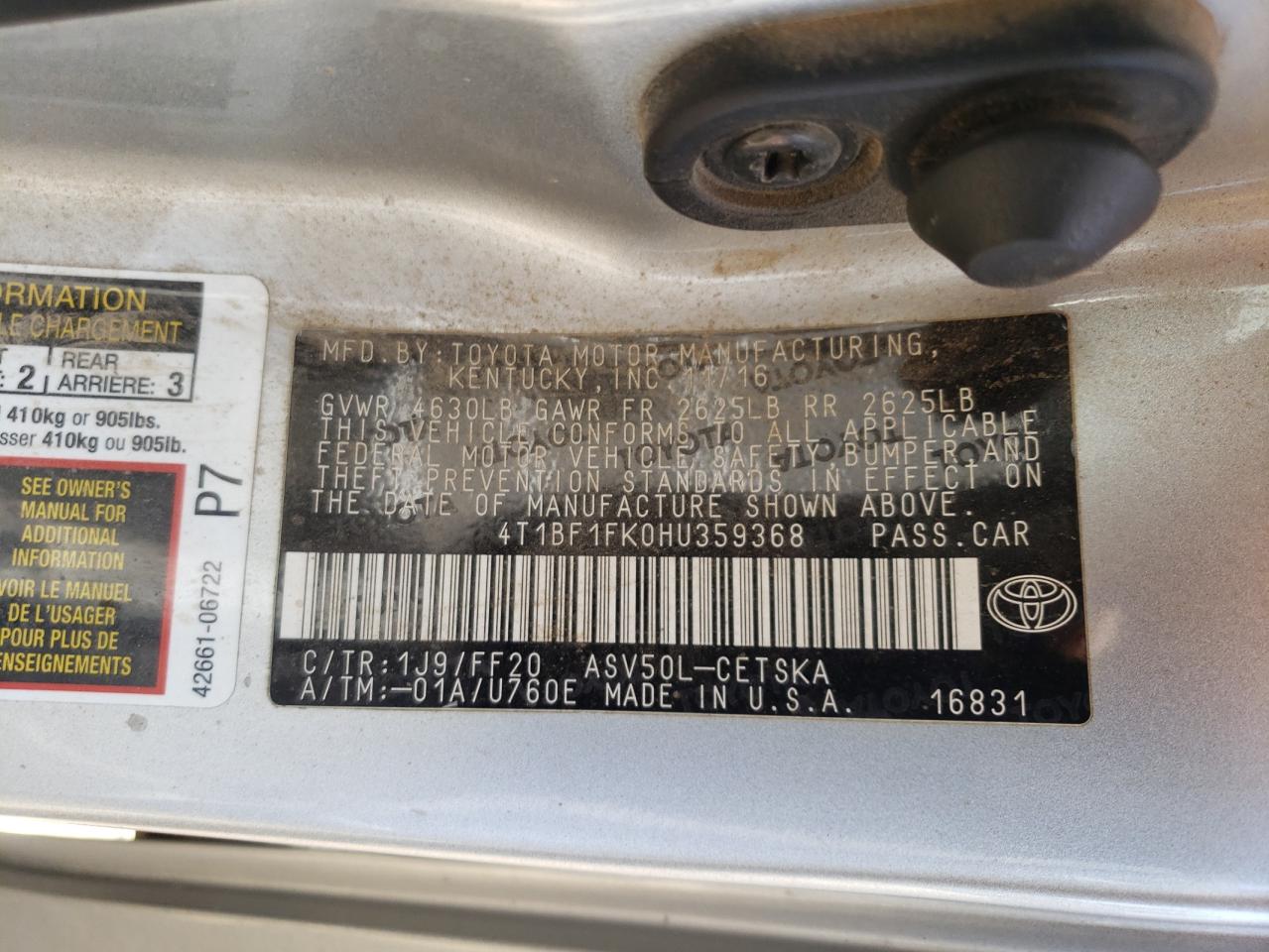 Photo 10 from auction – 2017 TOYOTA CAMRY LE with VIN 4T1BF1FK0HU359368