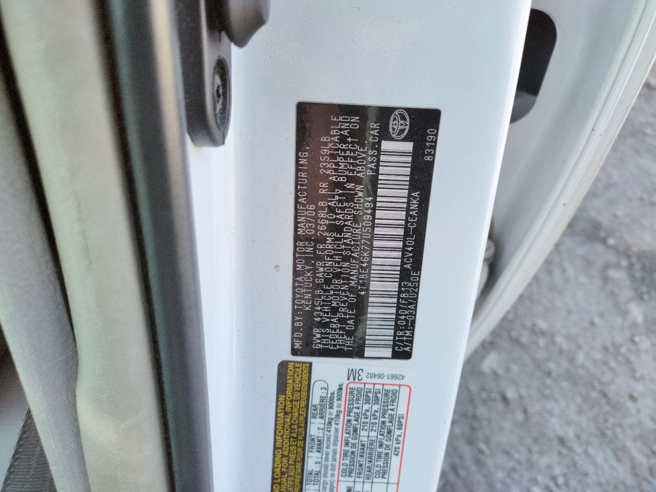 Photo 10 from auction – 2007 TOYOTA CAMRY CE with VIN 4T1BE46K77U509494