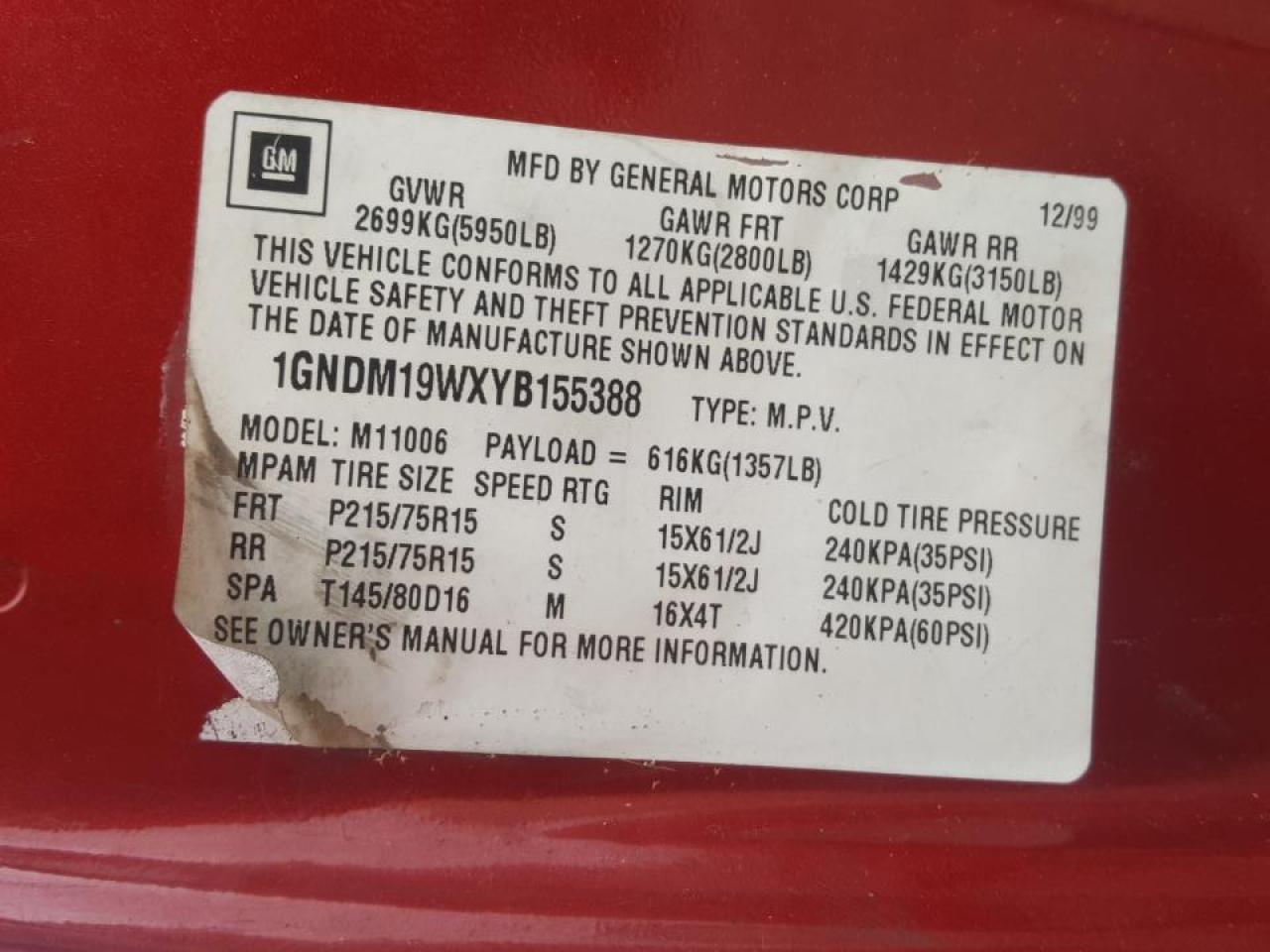 Photo 10 from auction – 2000 CHEVROLET ASTRO with VIN 1GNDM19WXYB155388