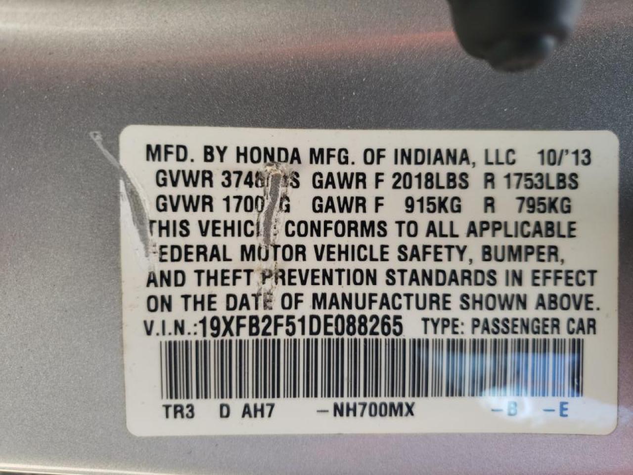 Фото 10 с аукциона – 2013 HONDA CIVIC LX с VIN 19XFB2F51DE088265