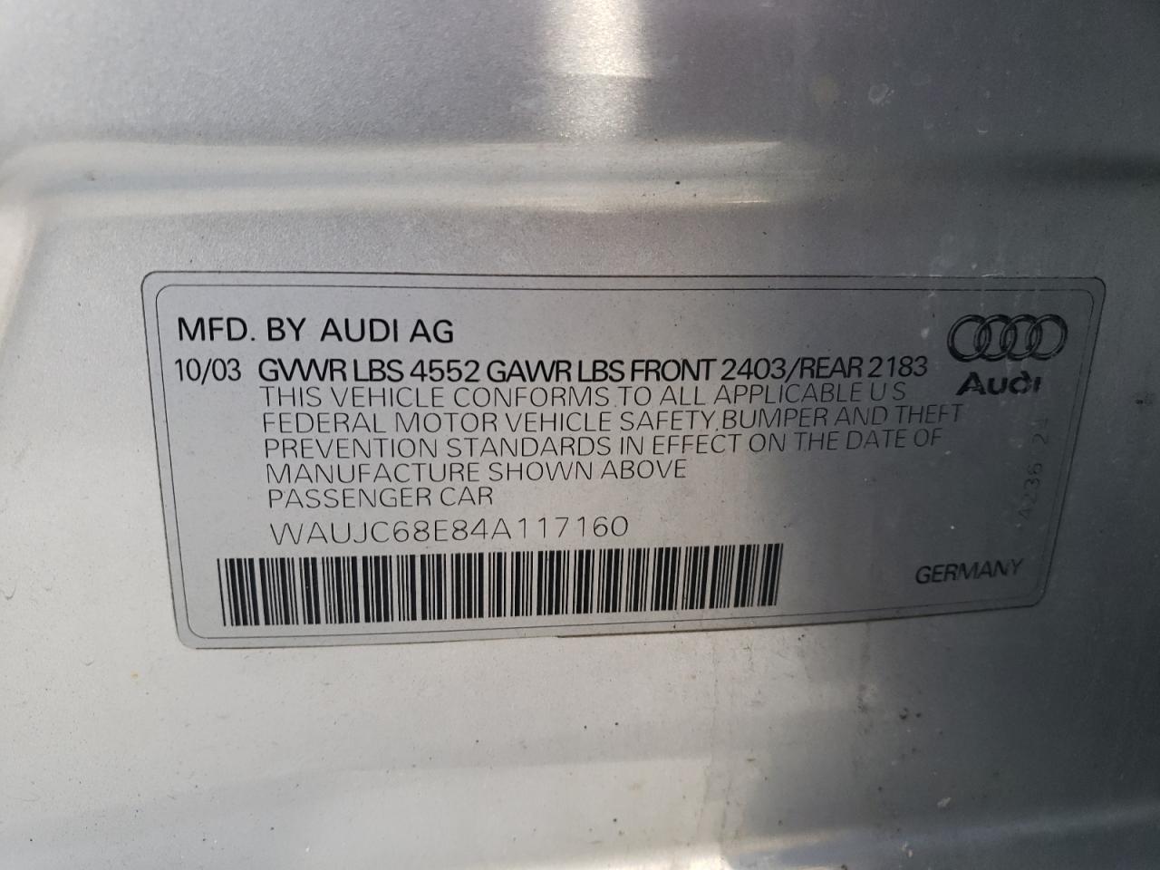 Photo 10 from auction – 2004 AUDI A4 1.8T with VIN WAUJC68E84A117160