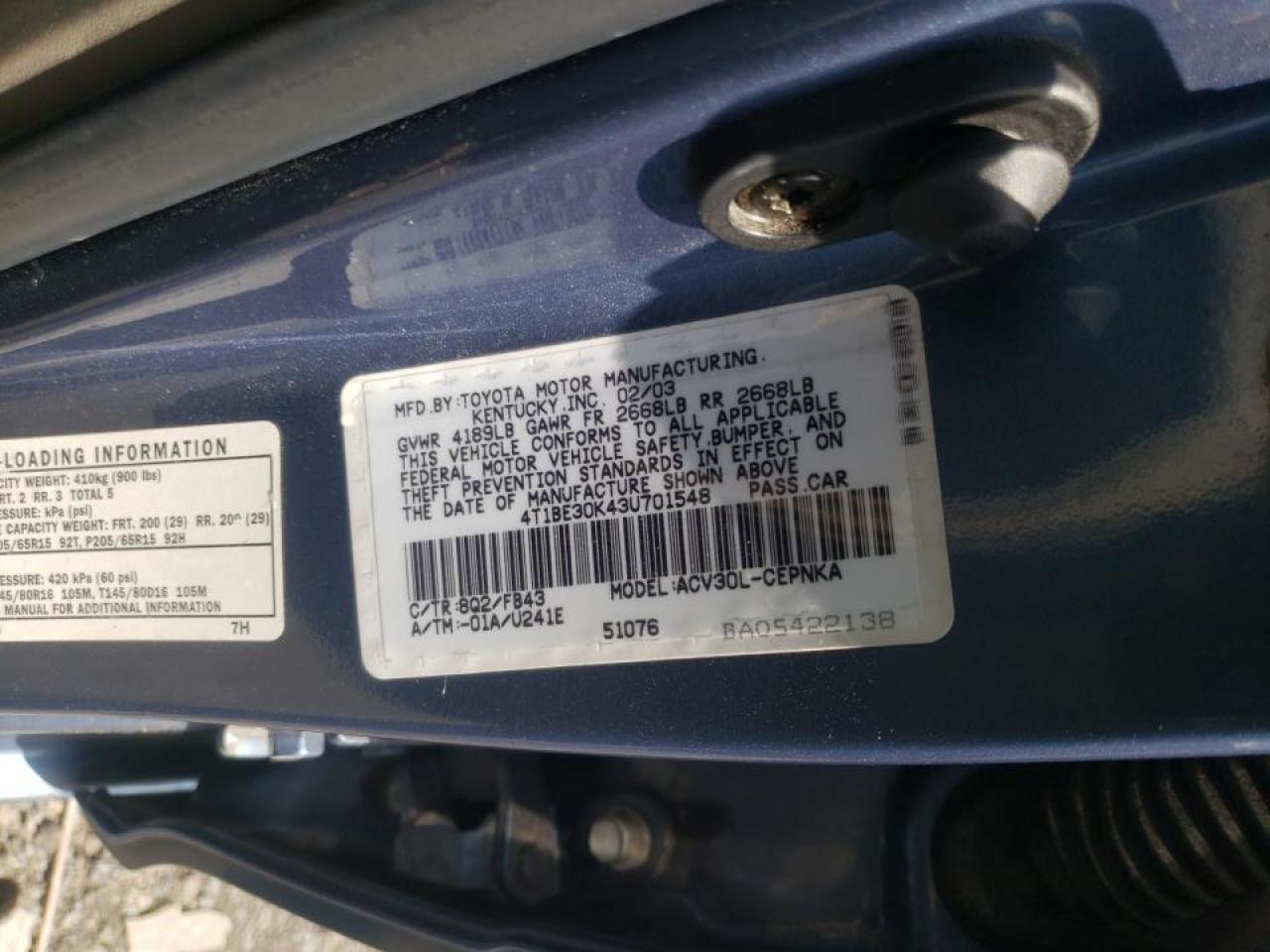 Photo 10 from auction – 2003 TOYOTA CAMRY with VIN 4T1BE30K43U701548