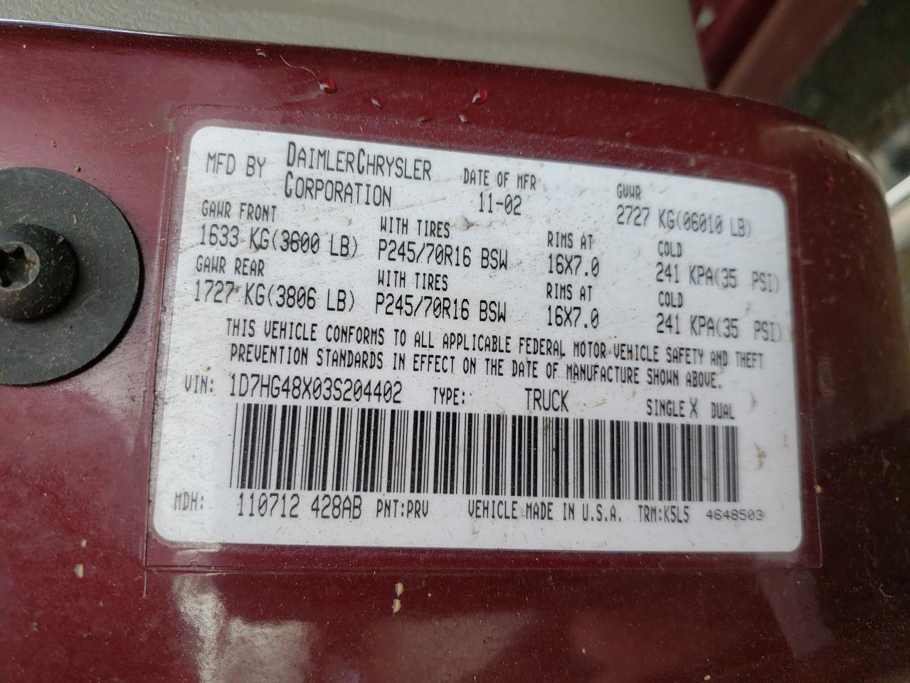 Photo 10 from auction – 2003 DODGE DAKOTA QUA with VIN 1D7HG48X03S204402