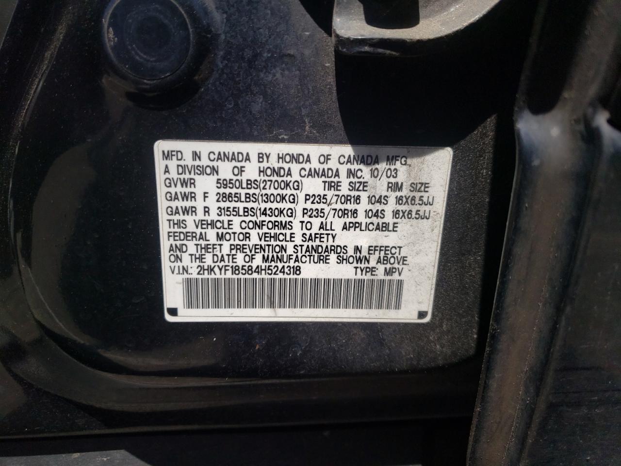 Photo 10 from auction – 2004 HONDA PILOT EXL with VIN 2HKYF18584H524318