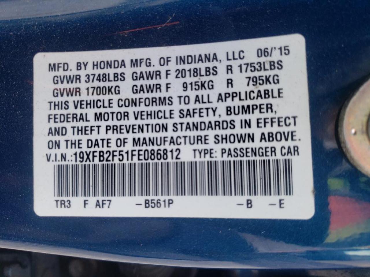 Photo 10 from auction – 2015 HONDA CIVIC LX with VIN 19XFB2F51FE086812