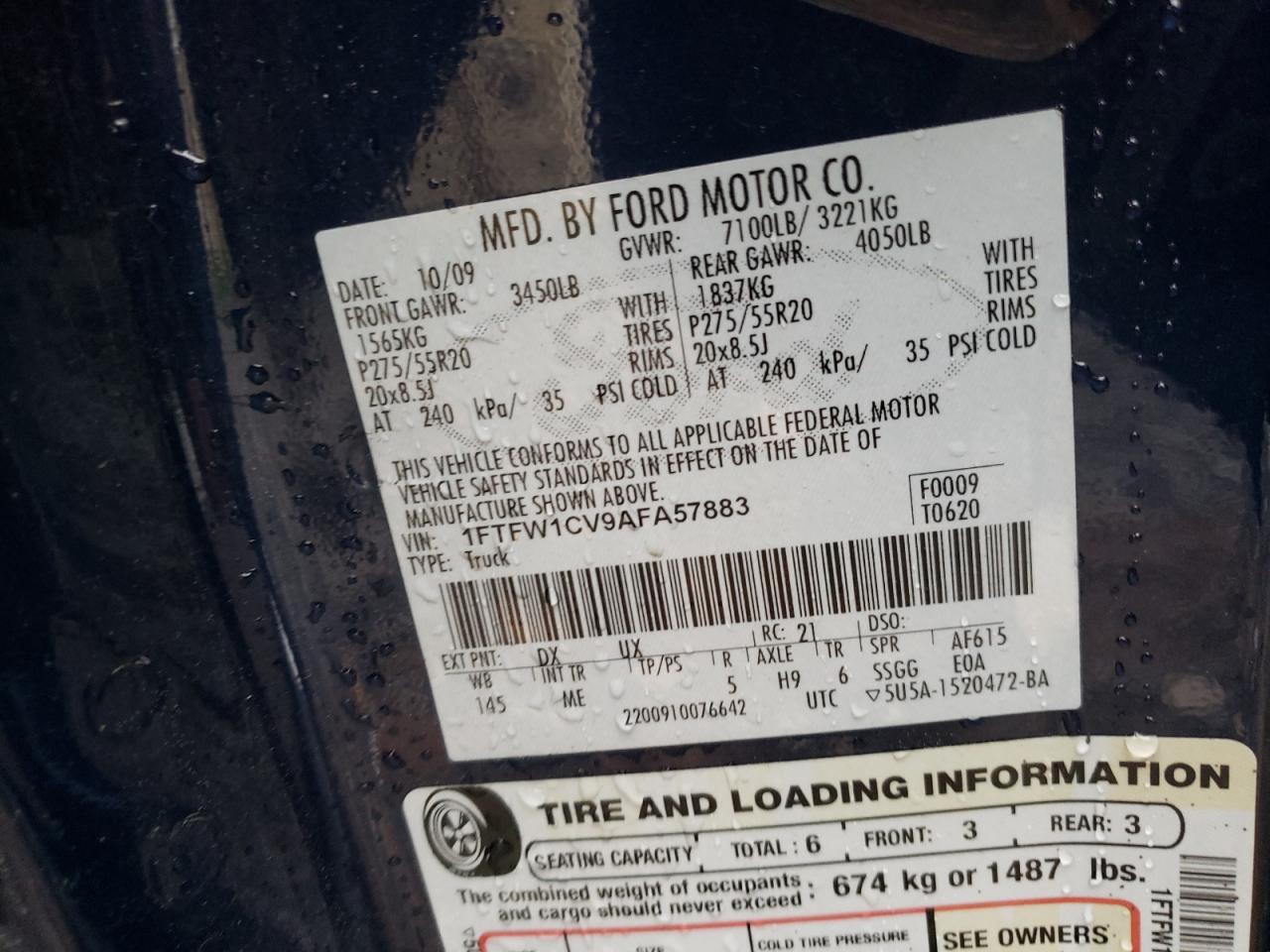 Photo 10 from auction – 2010 FORD F150 SUPER with VIN 1FTFW1CV9AFA57883