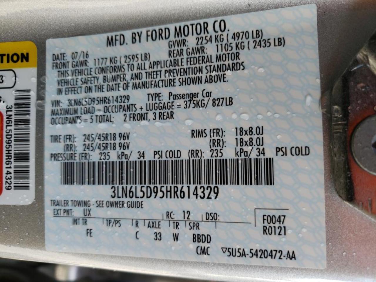 Photo 10 from auction – 2017 LINCOLN MKZ SELECT with VIN 3LN6L5D95HR614329