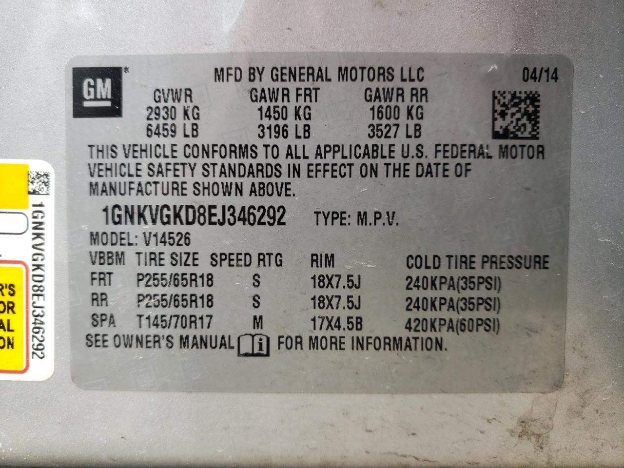 Photo 10 from auction – 2014 CHEVROLET TRAVERSE L with VIN 1GNKVGKD8EJ346292