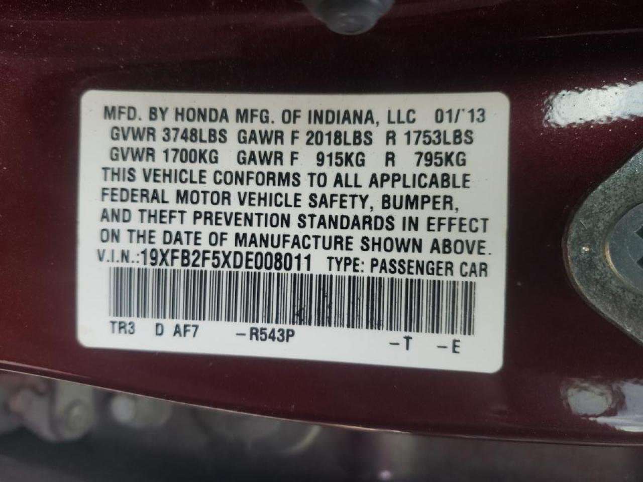 Photo 10 from auction – 2013 HONDA CIVIC LX with VIN 19XFB2F5XDE008011