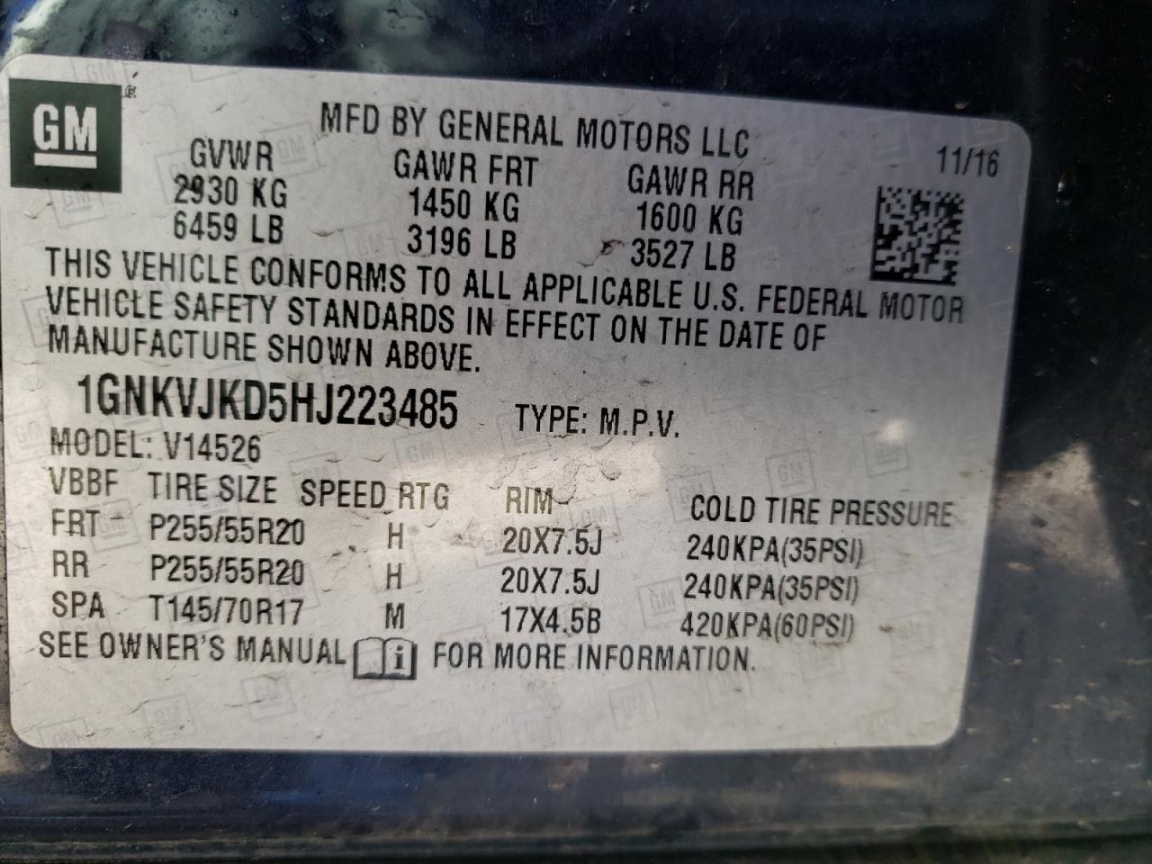 Photo 10 from auction – 2017 CHEVROLET TRAVERSE P with VIN 1GNKVJKD5HJ223485
