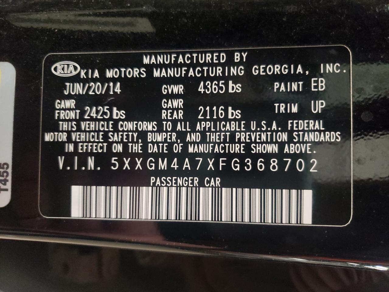 Photo 10 from auction – 2015 KIA OPTIMA LX with VIN 5XXGM4A7XFG368702