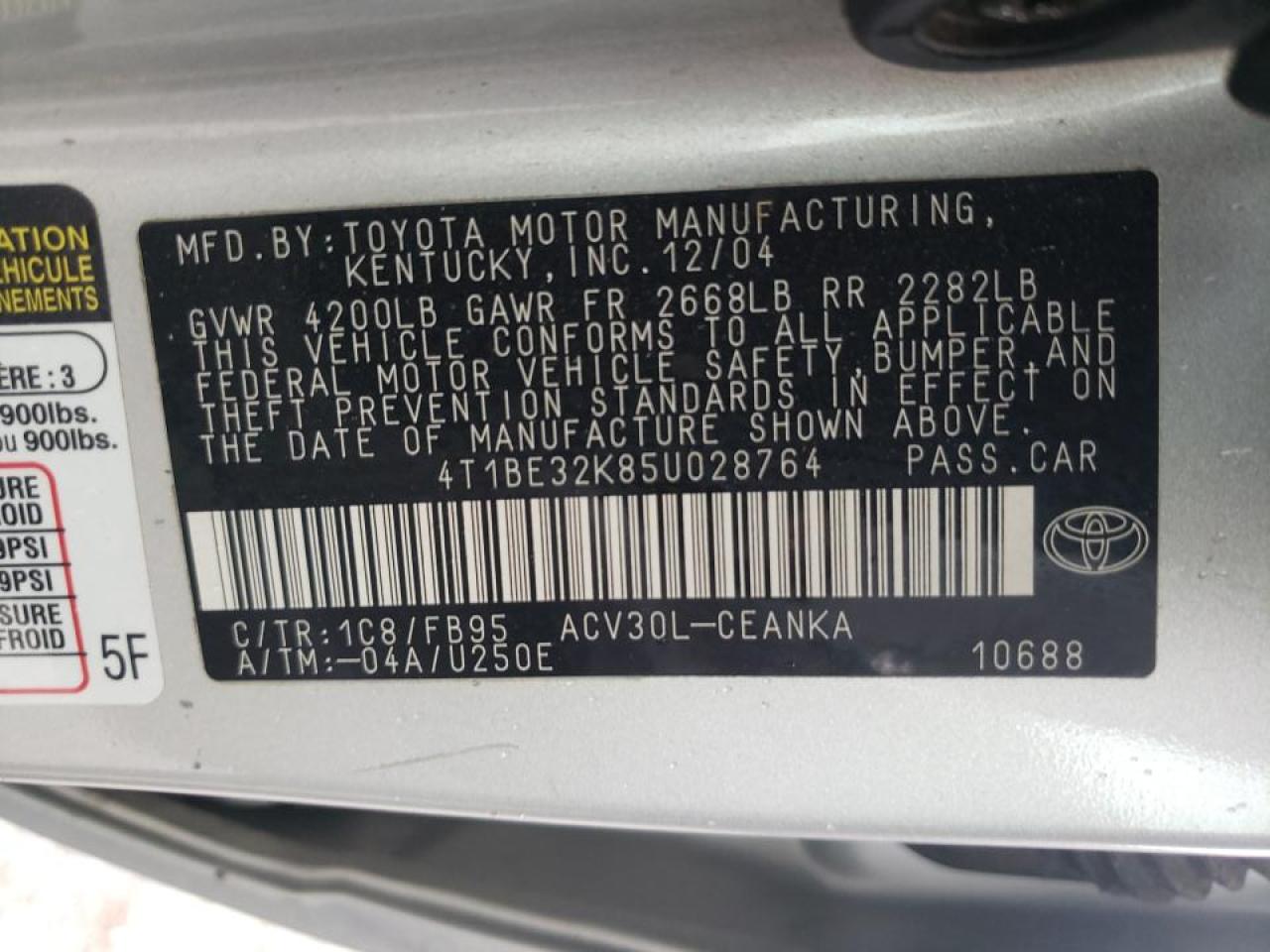 Photo 10 from auction – 2005 TOYOTA CAMRY LE with VIN 4T1BE32K85U028764
