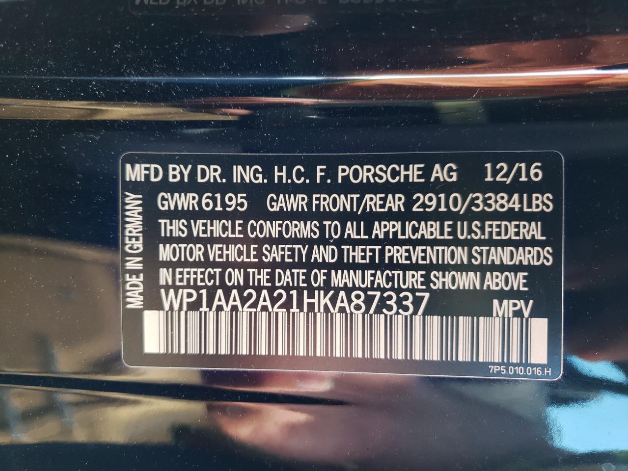 Photo 10 from auction – 2017 PORSCHE CAYENNE with VIN WP1AA2A21HKA87337
