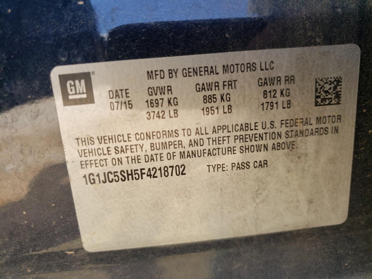 Photo 10 from auction – 2015 CHEVROLET SONIC LT with VIN 1G1JC5SH5F4218702