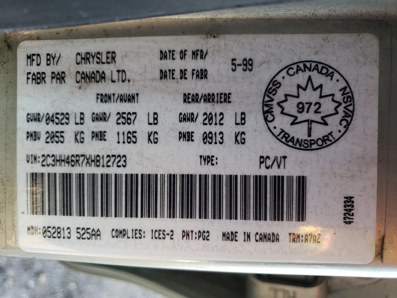 Photo 10 from auction – 1999 CHRYSLER INTREPID with VIN 2C3HH46R7XH812723
