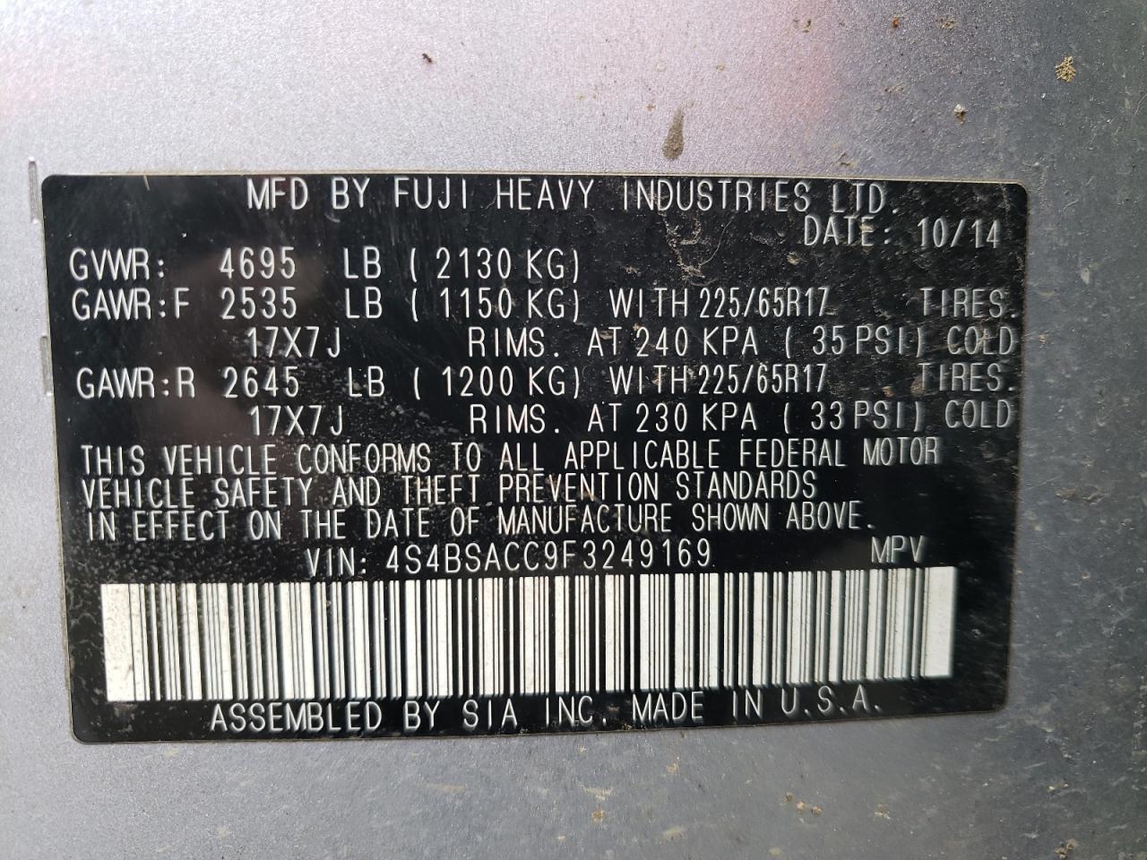 Photo 10 from auction – 2015 SUBARU OUTBACK 2. with VIN 4S4BSACC9F3249169
