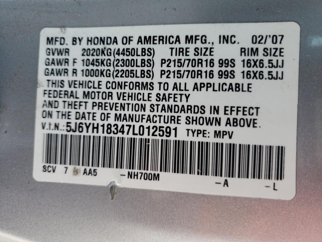 Photo 10 from auction – 2007 HONDA ELEMENT LX with VIN 5J6YH18347L012591