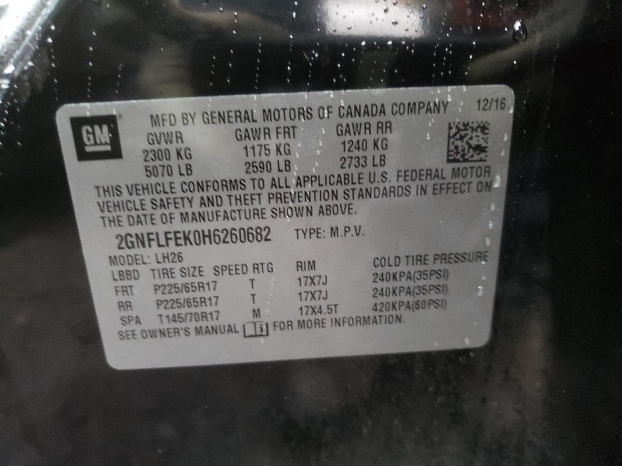 Photo 10 from auction – 2017 CHEVROLET EQUINOX LT with VIN 2GNFLFEK0H6260682