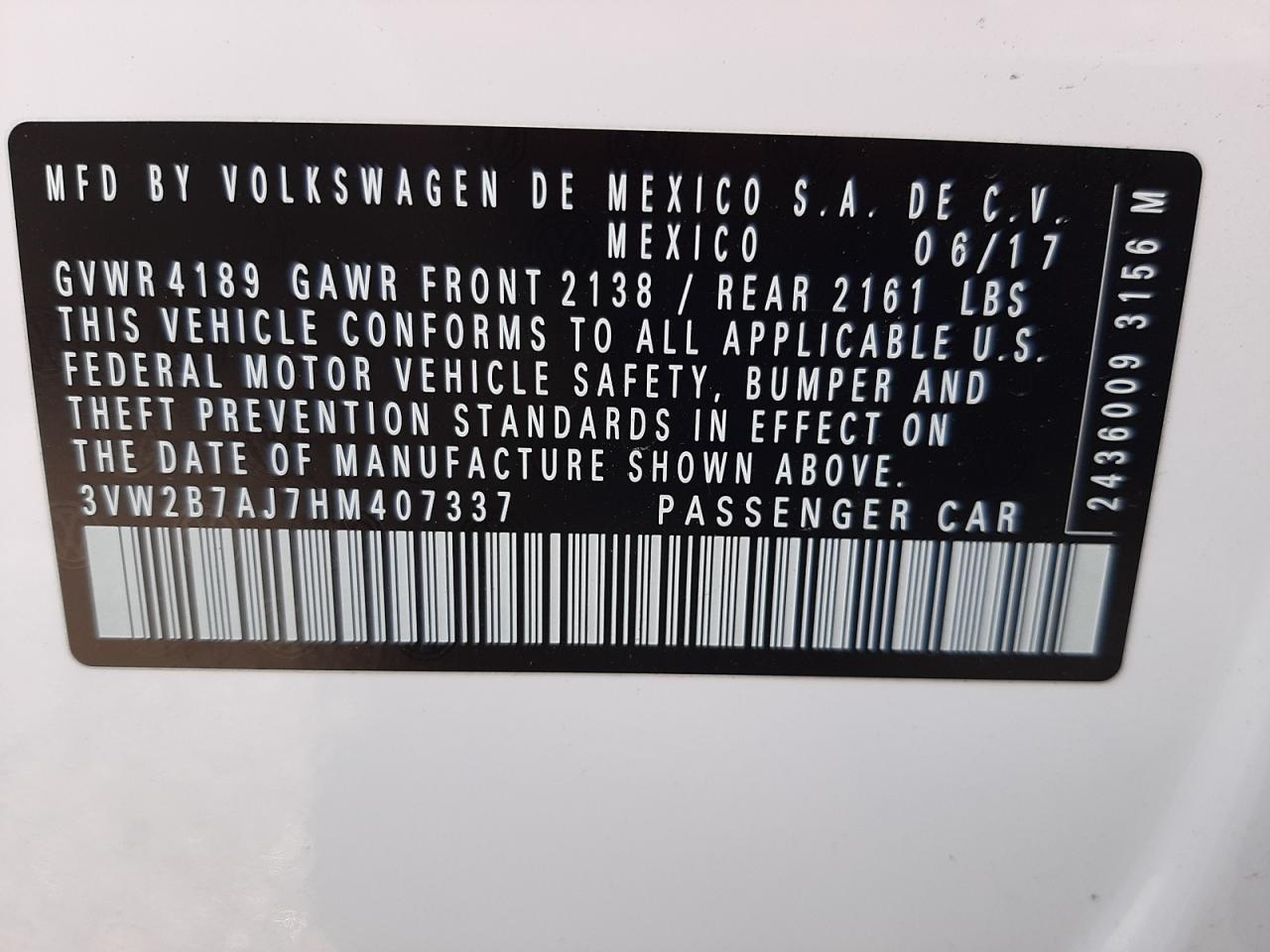 Photo 10 from auction – 2017 VOLKSWAGEN JETTA S with VIN 3VW2B7AJ7HM407337