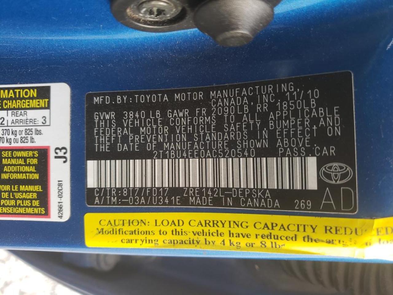Photo 10 from auction – 2010 TOYOTA COROLLA BA with VIN 2T1BU4EE0AC520540