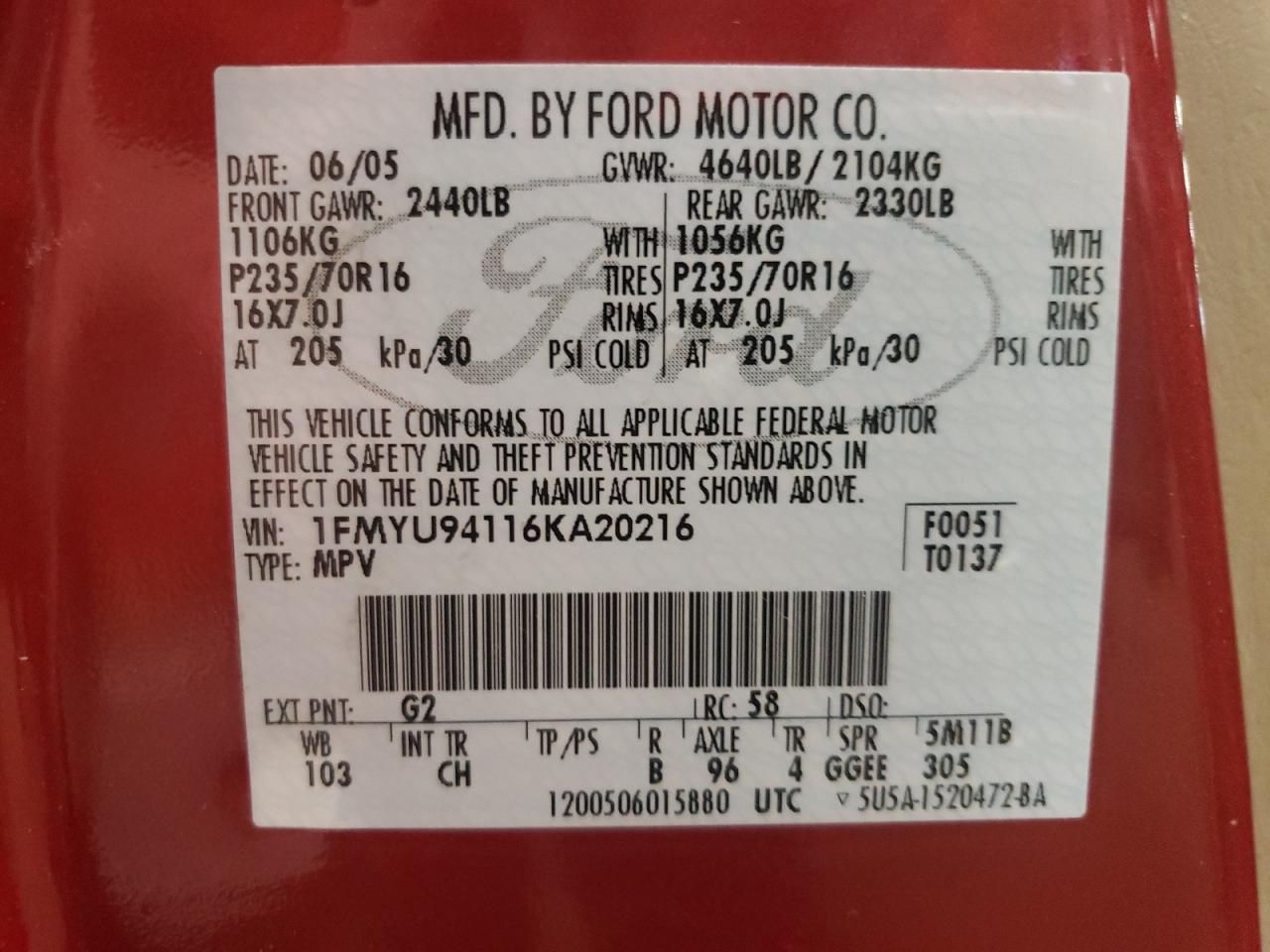 Photo 10 from auction – 2006 FORD ESCAPE LIM with VIN 1FMYU94116KA20216