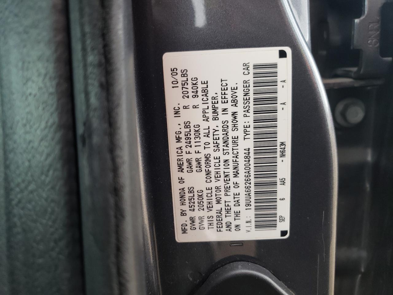 Photo 10 from auction – 2006 ACURA 3.2TL with VIN 19UUA66266A004844