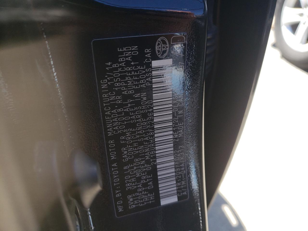 Photo 10 from auction – 2015 TOYOTA COROLLA L with VIN 2T1BURHE8FC296420