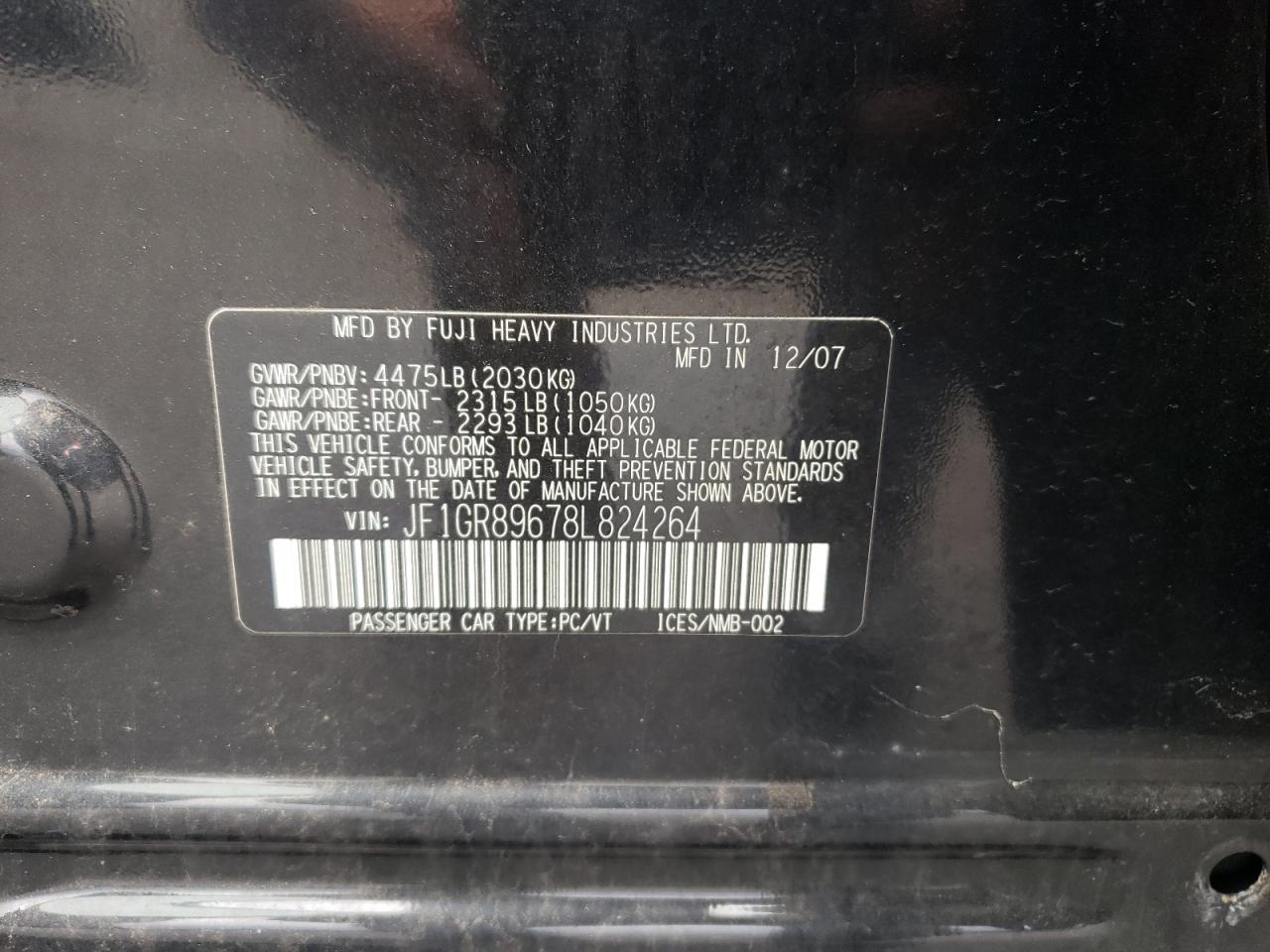 Photo 10 from auction – 2008 SUBARU IMPREZA WR with VIN JF1GR89678L824264
