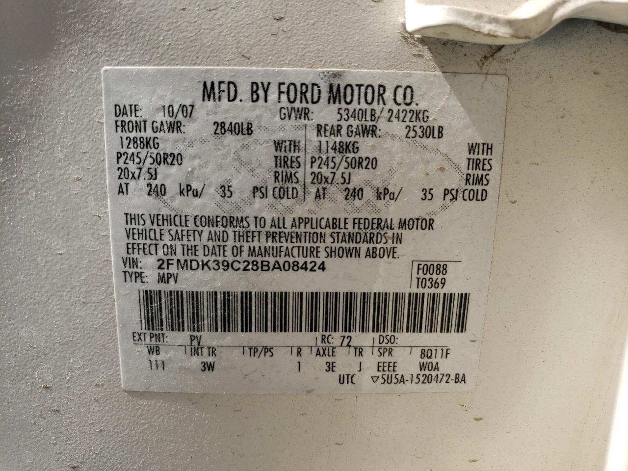 Photo 10 from auction – 2008 FORD EDGE LIMIT with VIN 2FMDK39C28BA08424