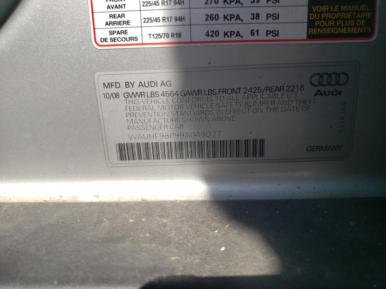Photo 10 from auction – 2009 AUDI A3 2.0T with VIN WAUHF98P99A049077