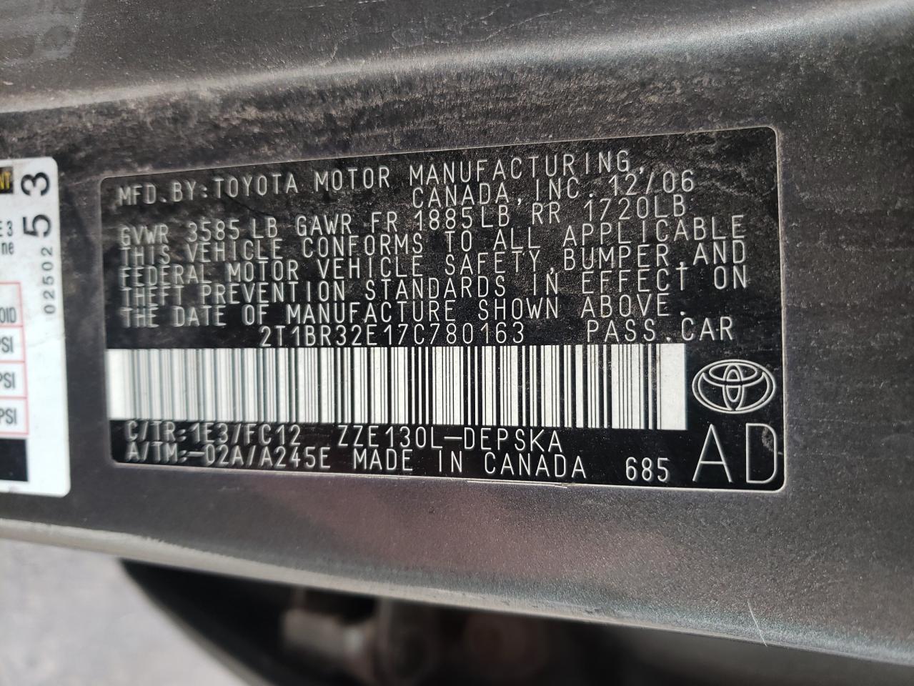 Photo 10 from auction – 2007 TOYOTA COROLLA CE with VIN 2T1BR32E17C780163