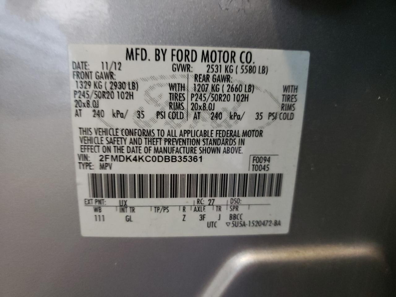 Photo 10 from auction – 2013 FORD EDGE LIMIT with VIN 2FMDK4KC0DBB35361