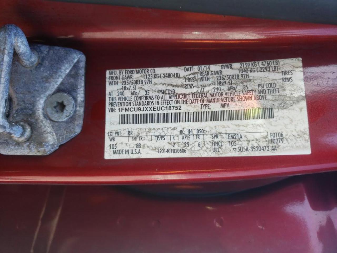 Photo 10 from auction – 2014 FORD ESCAPE TIT with VIN 1FMCU9JXXEUC18752