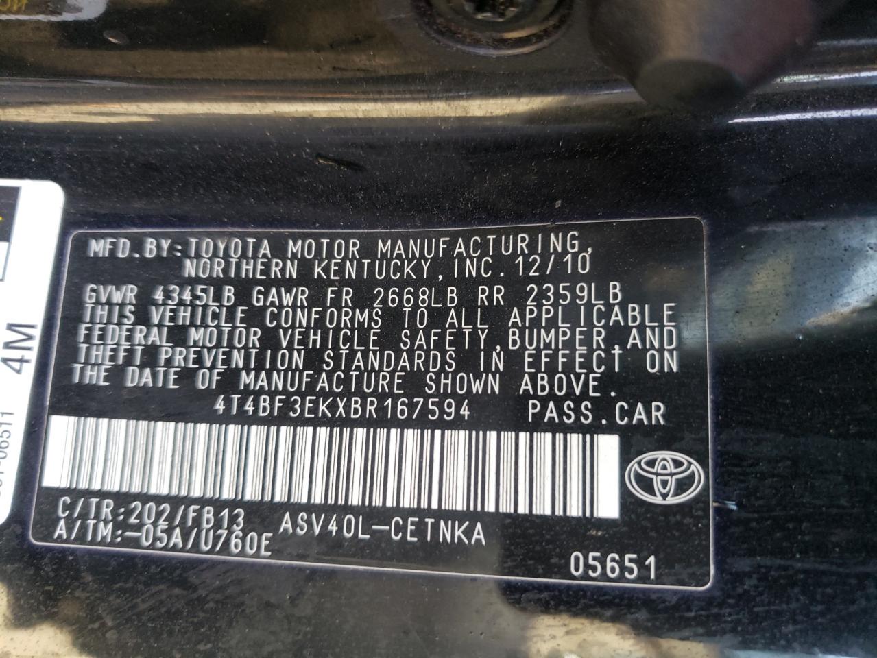 Photo 10 from auction – 2011 TOYOTA CAMRY BASE with VIN 4T4BF3EKXBR167594