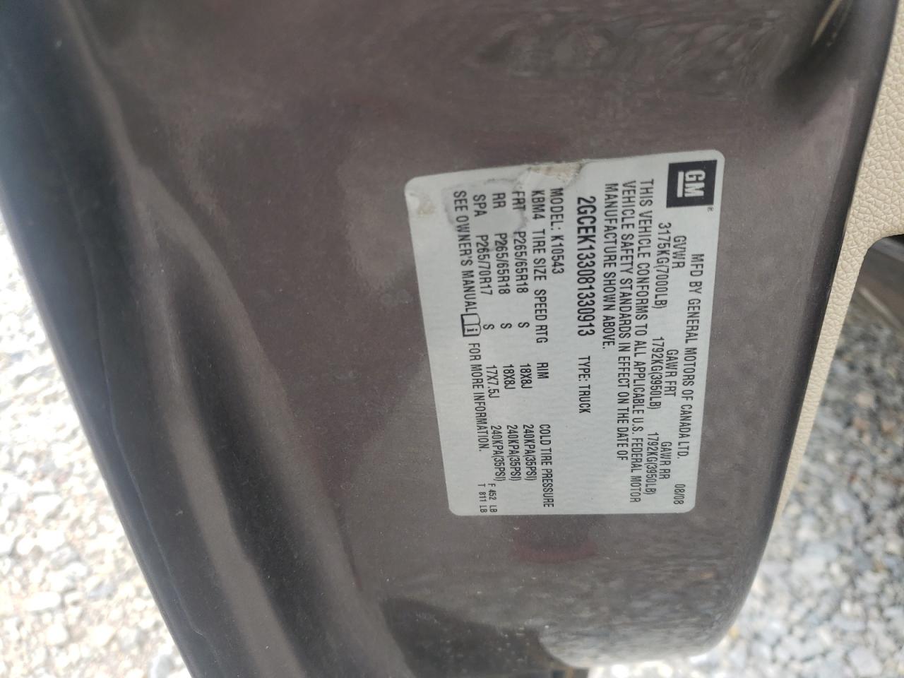 Photo 10 from auction – 2008 CHEVROLET SILVERADO with VIN 2GCEK133081330913
