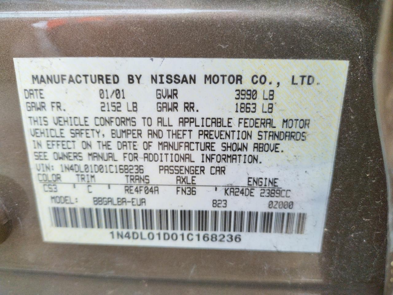 Photo 10 from auction – 2001 NISSAN ALTIMA XE with VIN 1N4DL01D01C168236