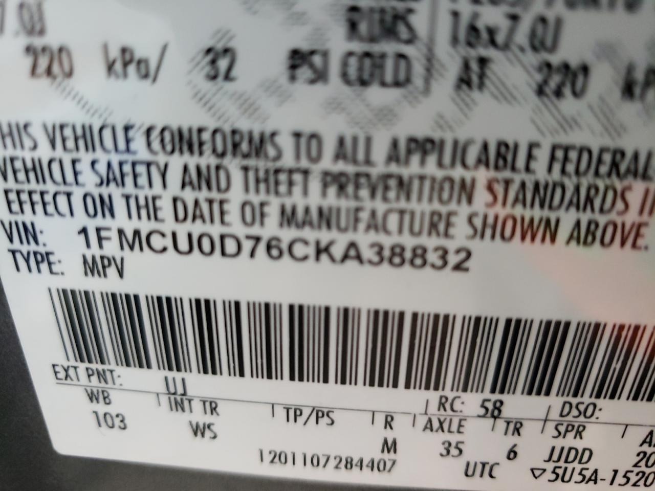 Photo 10 from auction – 2012 FORD ESCAPE XLT with VIN 1FMCU0D76CKA38832