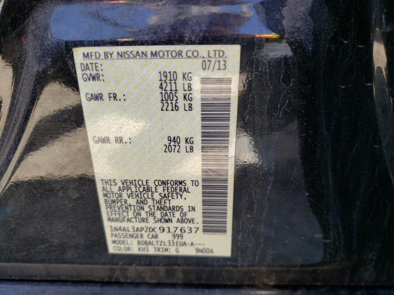 Photo 10 from auction – 2013 NISSAN ALTIMA 2.5 with VIN 1N4AL3AP2DC917637