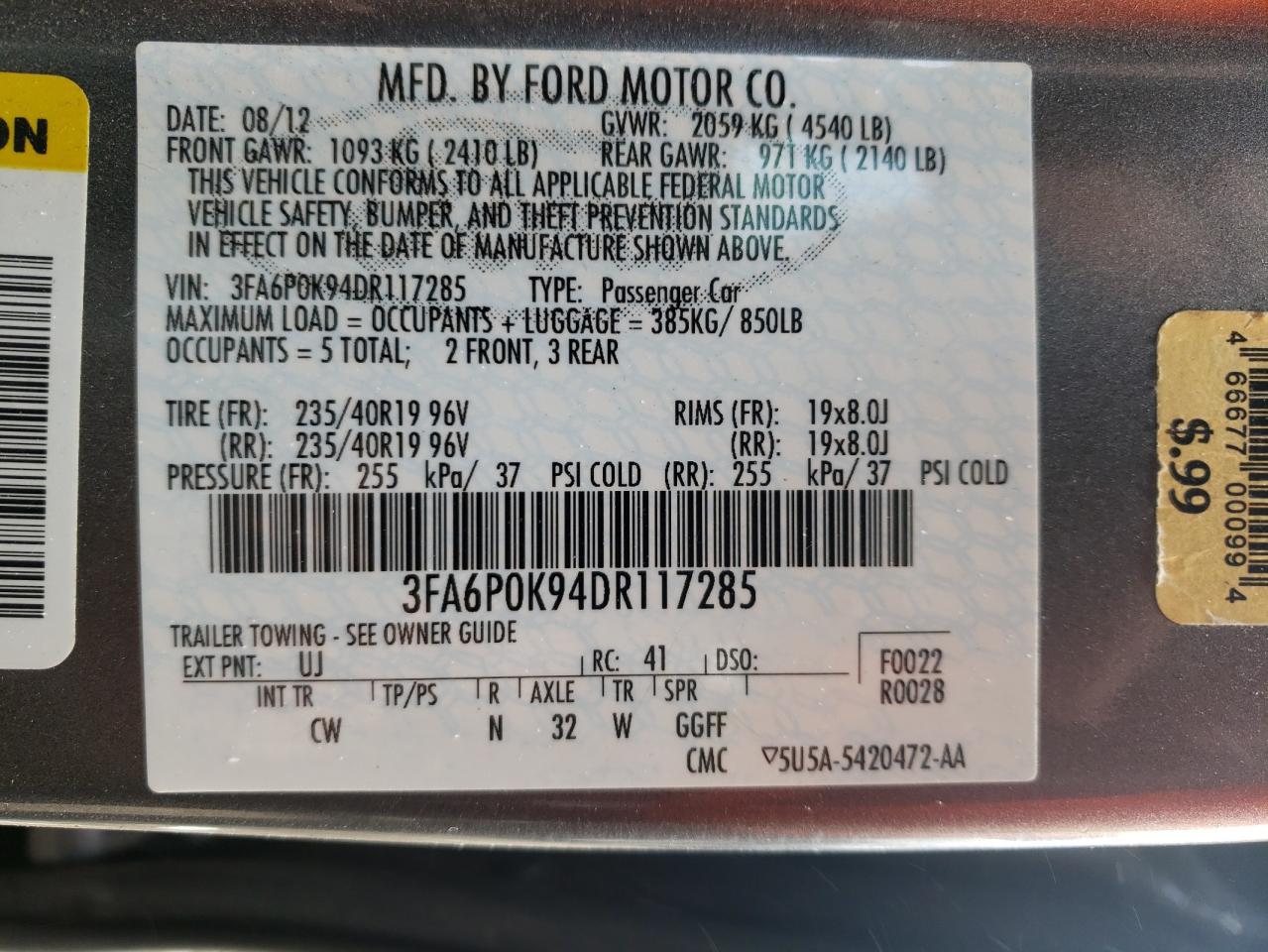 Photo 10 from auction – 2013 FORD FUSION TIT with VIN 3FA6P0K94DR117285