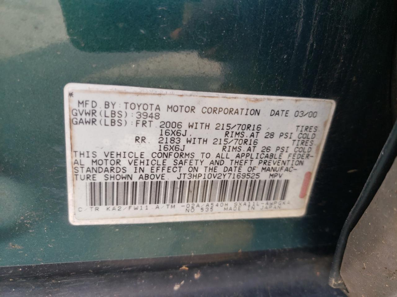 Photo 10 from auction – 2000 TOYOTA RAV4 with VIN JT3HP10V2Y7169525