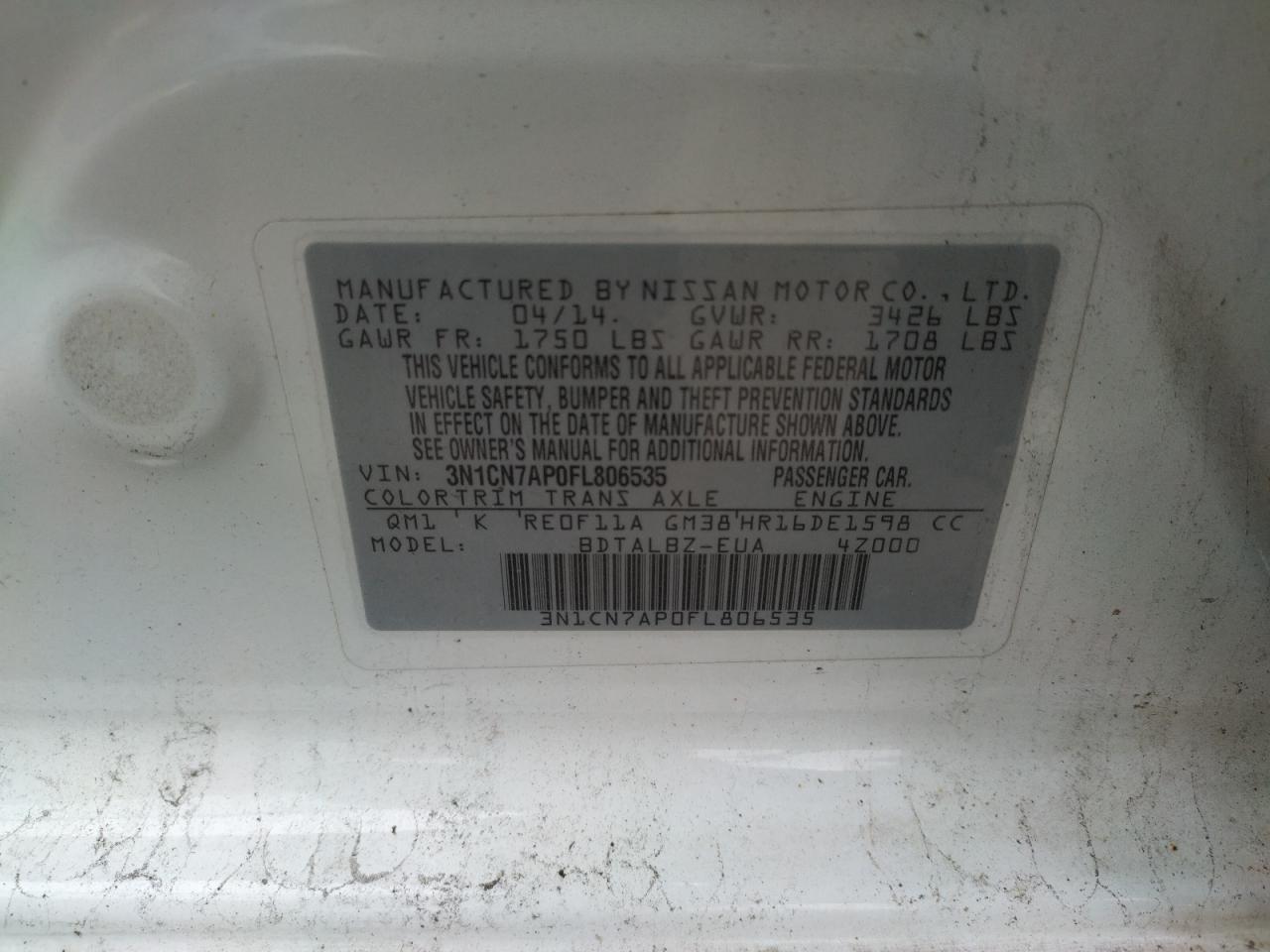 Photo 10 from auction – 2015 NISSAN VERSA S with VIN 3N1CN7AP0FL806535