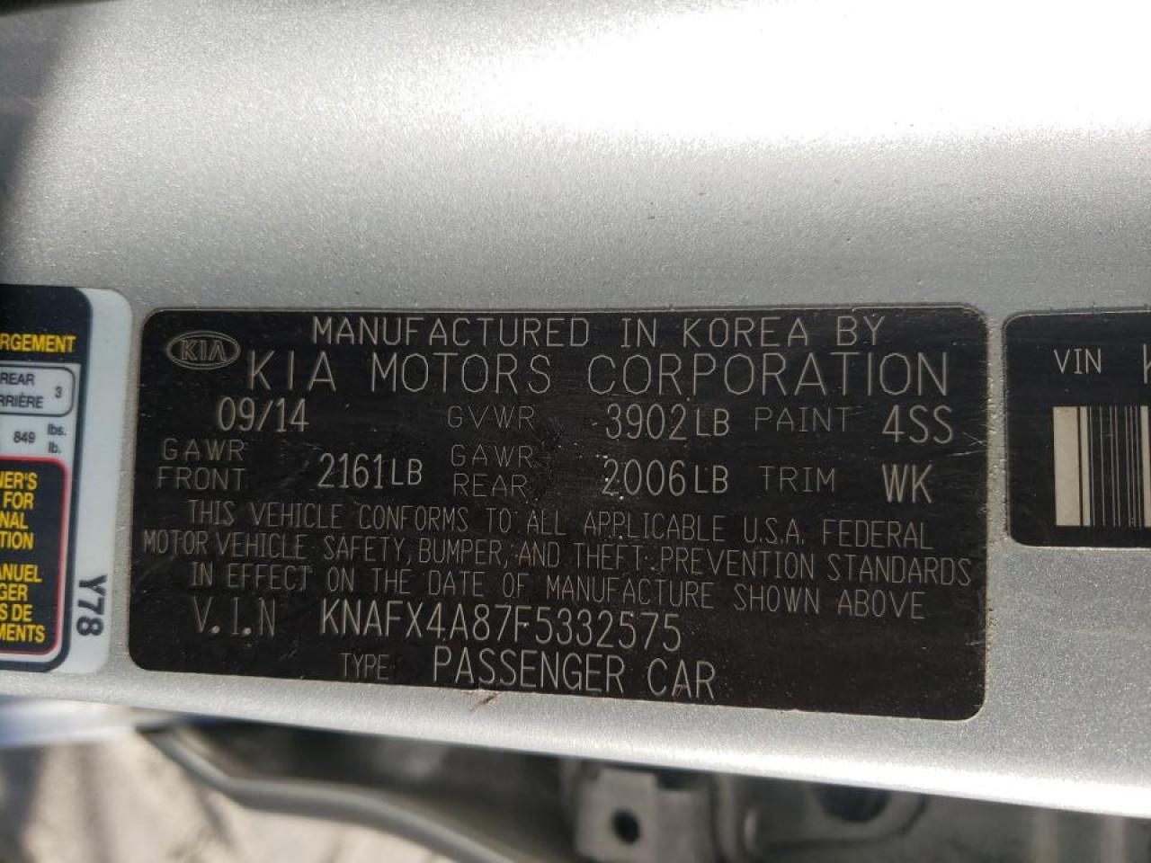 Photo 10 from auction – 2015 KIA FORTE EX with VIN KNAFX4A87F5332575
