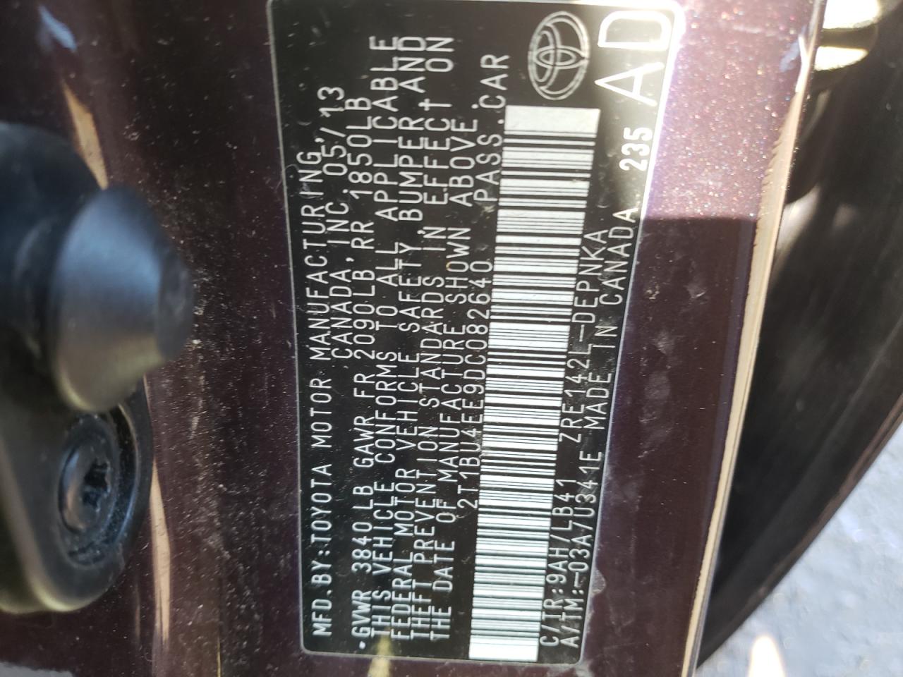 Foto 10 de la subasta – 2013 TOYOTA COROLLA BA con VIN 2T1BU4EE9DC082640