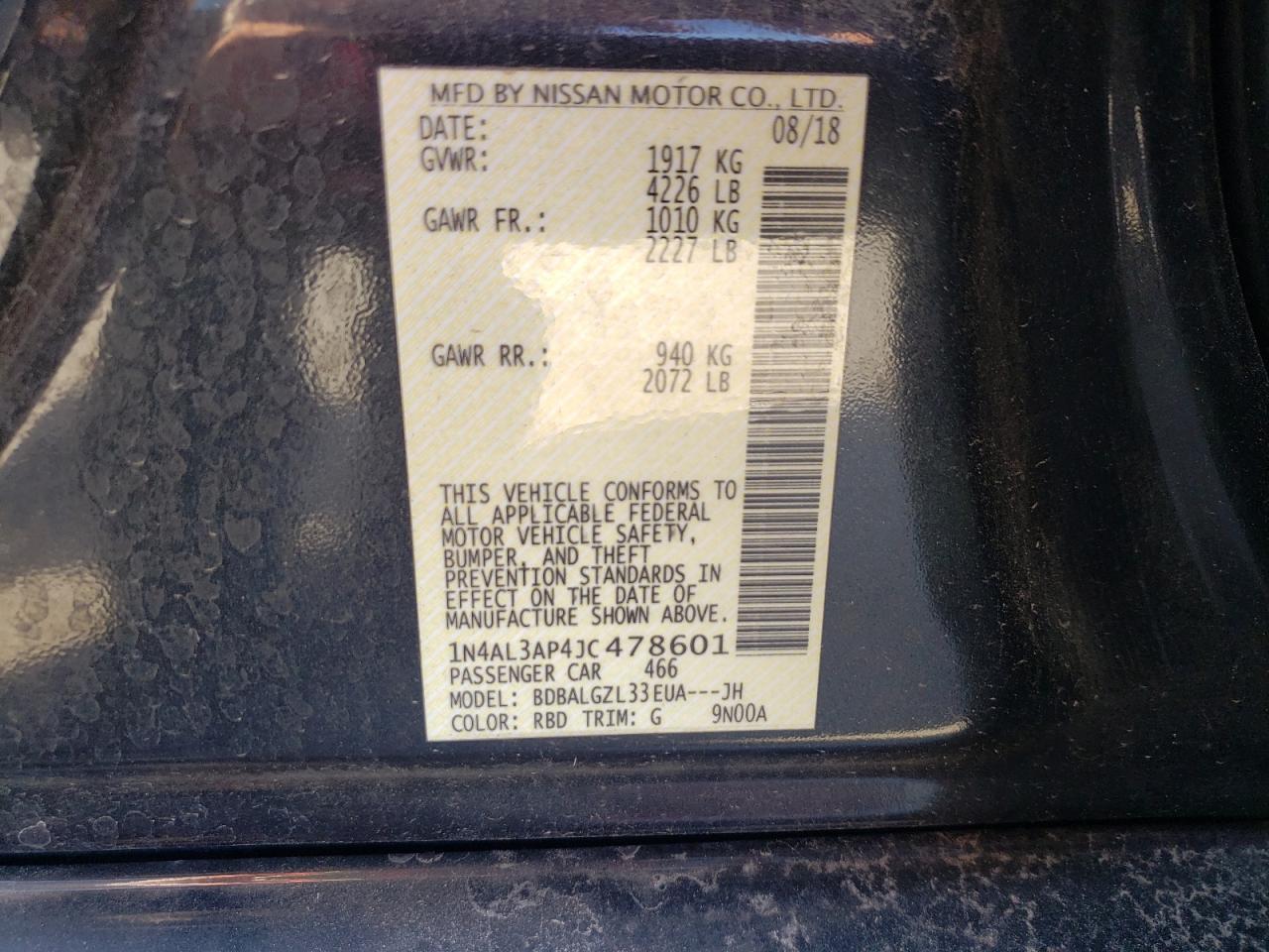 Photo 10 from auction – 2018 NISSAN ALTIMA 2.5 with VIN 1N4AL3AP4JC478601